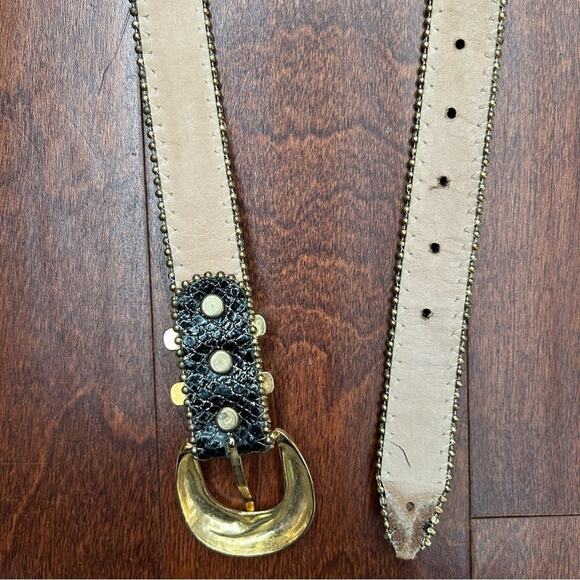 Simons Black Snakeskin Pattern, Gold Glitter Leather Belt, Gold Buckle Size XS/S main image 4